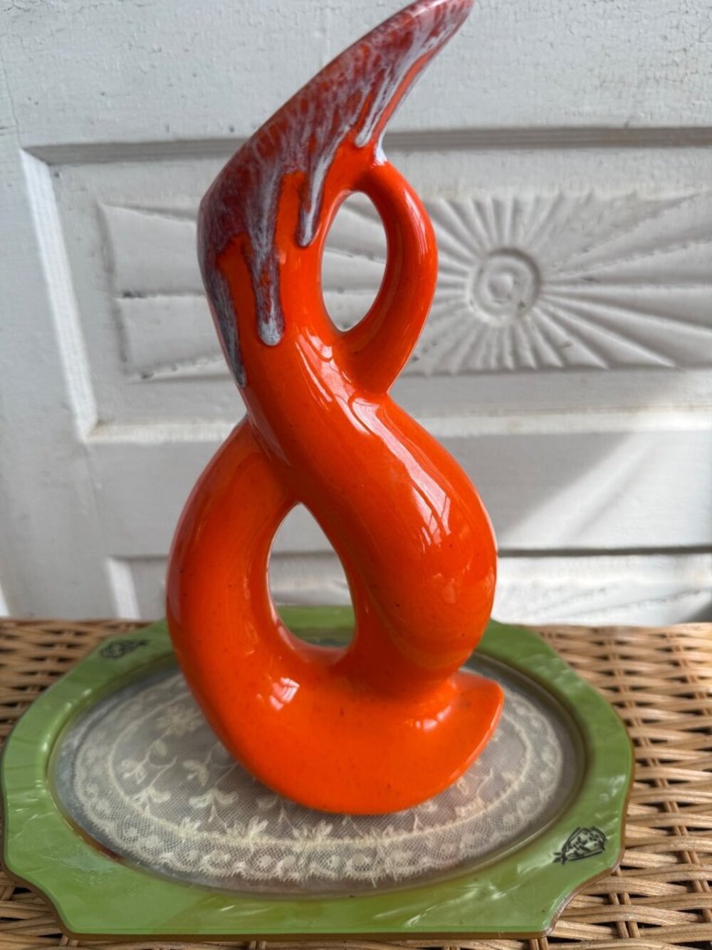 Vintage MCM Orange Drip Pottery Serpentine Abstract Modernist Vase